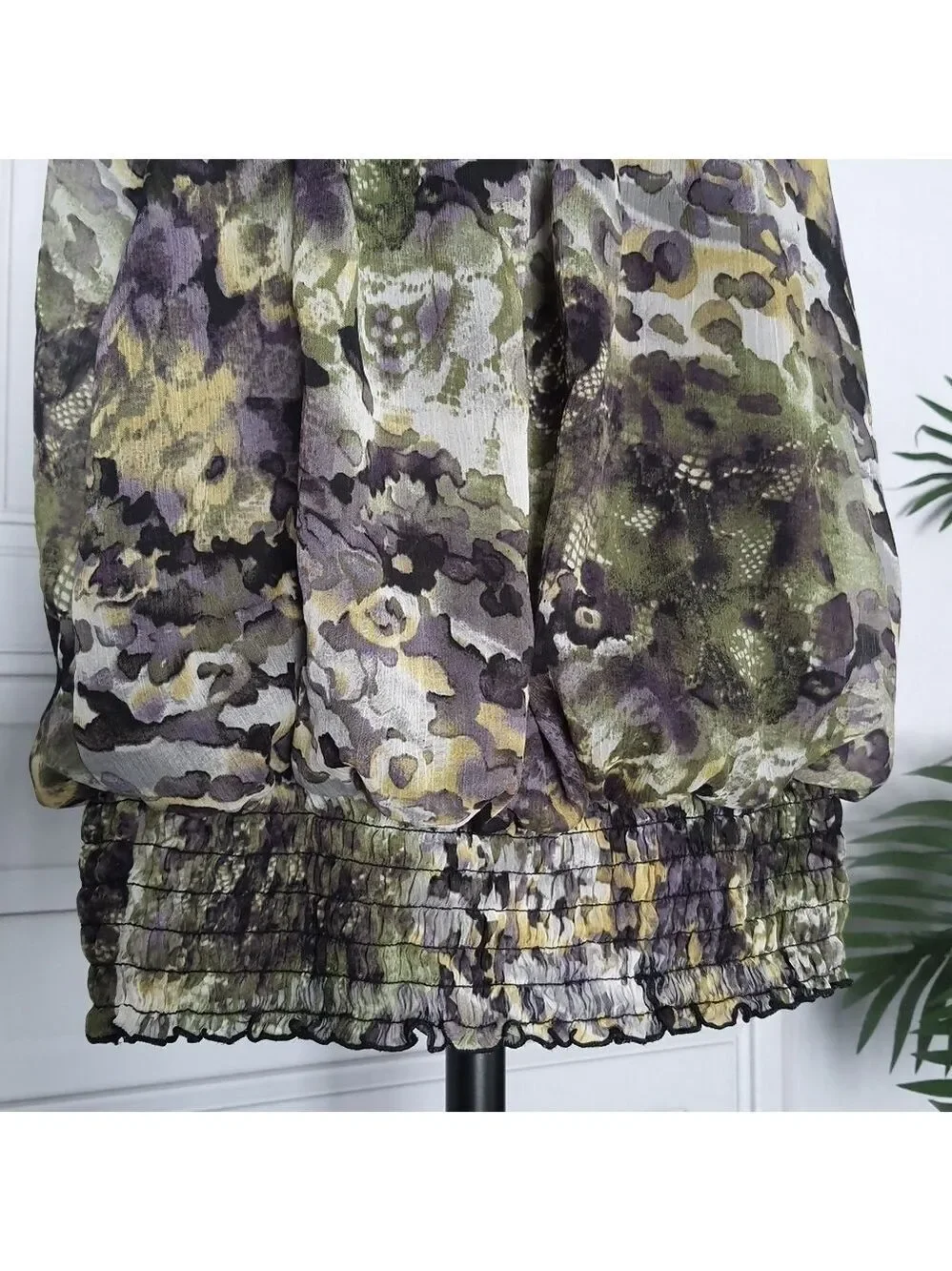BCX Halter Top Camo Watercolor Smocked Waist Juniors XL Green Yellow